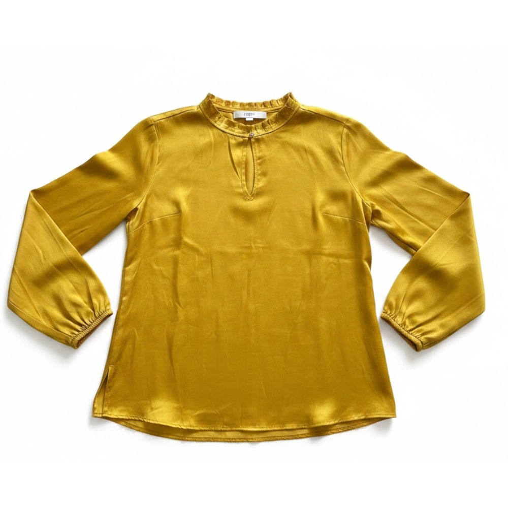 LOFT Womens XS Mustard Yellow Ruffle Mock Neck Keyhole Long Sleeve Blouse NWT